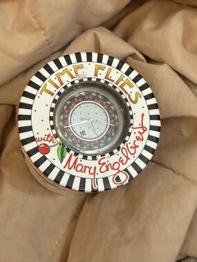 Mary Engelbreit Wrist Watch 'Time Flies' Cherries Decorative Black Leather Band